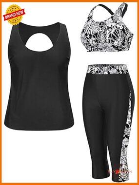 3 Piece Plus Size Tankini Set with Sports Bra & Swim Capris